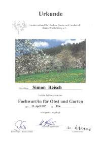 Urkunde Fachwart f&uuml;r Obst und Garten